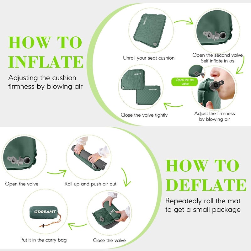 GDREAMT Inflatable Seat Cushion, Self-Inflating Memory Foam Stadium Seats Cushion Portable Camping Air-Foam Sitting Pad for Travel Airplane Car Bleachers Backpacking Office, Lightweight & Compact - Image 5
